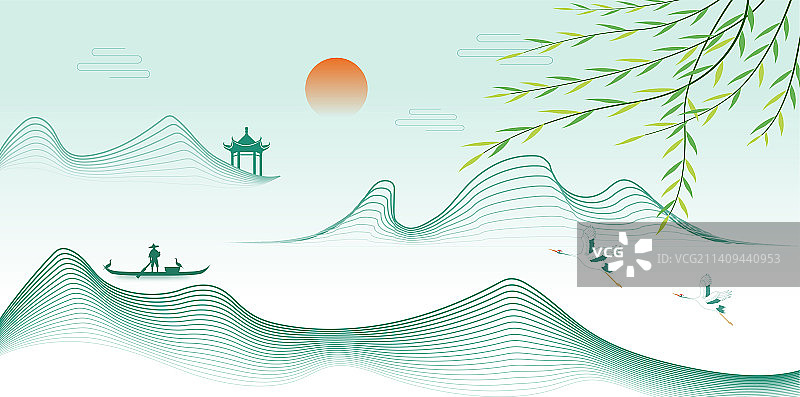 新中式国潮创意水墨山水矢量画图片素材