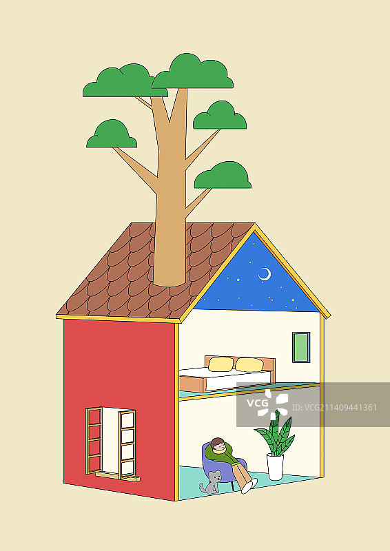 红色房子小洋楼创意休闲年轻人生活方式环境卡通插画图片素材