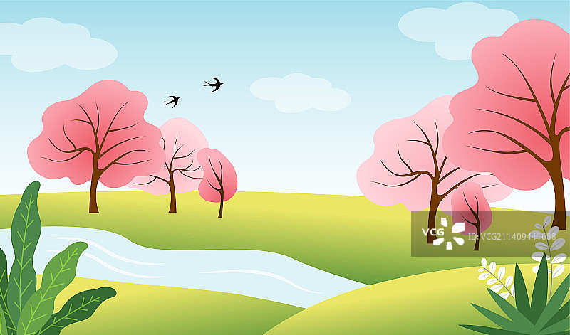春天蓝天下桃花绿草矢量插画图片素材