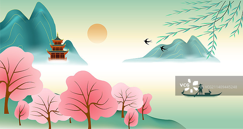 新中式国潮创意水墨山水矢量画图片素材