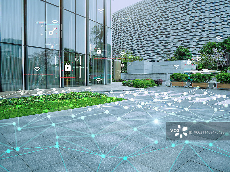 智慧5G赋能安防联网商业物业大楼防火防盗监控实时红外激光入侵探测人脸图像识别机器学习节点感知警报发送图片素材