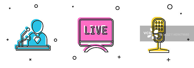 突发新闻、直播报道和麦克风图标合集图片素材