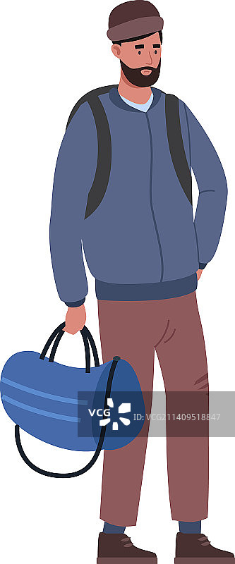 携带旅行包站立的穆斯林男子移民图片素材