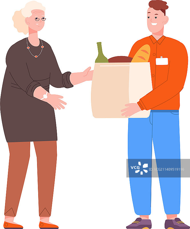 志愿者向老年人捐赠食品包图片素材