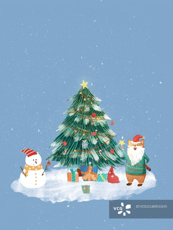 圣诞节日庆祝绿色圣诞树装饰闪耀彩灯雪人礼物图片素材