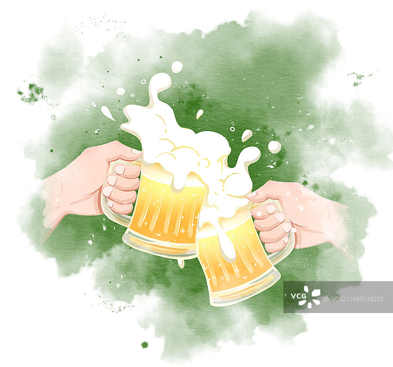 手拿啤酒杯干杯庆祝水墨渲染艺术插画图片素材