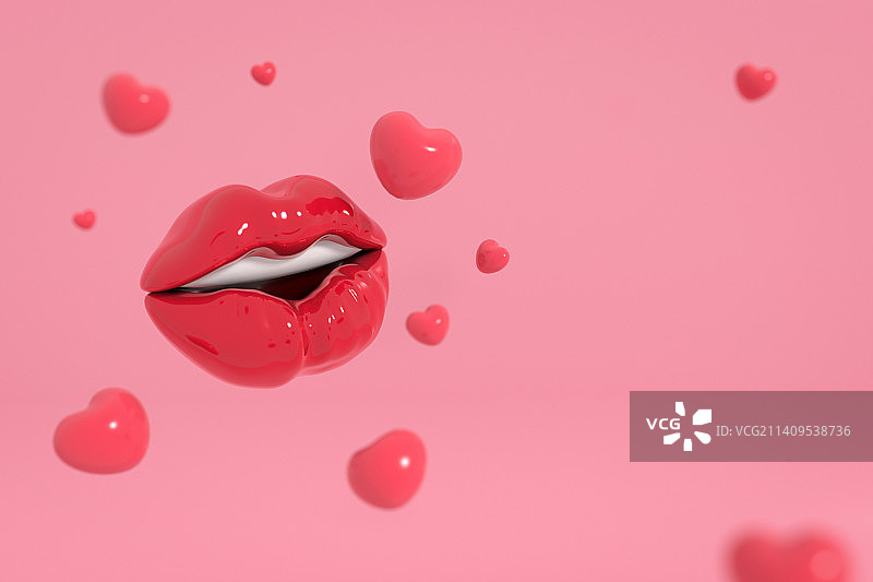 粉红色背景下亲吻的红唇与爱心图片素材