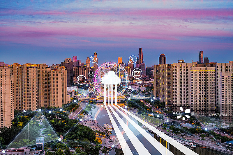 科技云与大数据概念的城市风光图片素材