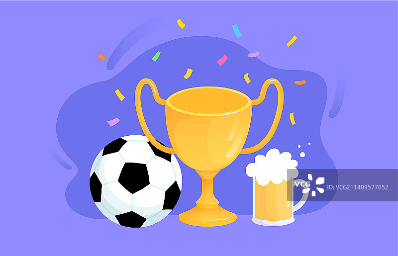 足球比赛胜利的奖杯和庆祝的啤酒手绘插画图片素材