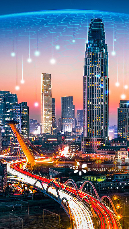 科技感城市天津市和平区晚霞风光图片素材