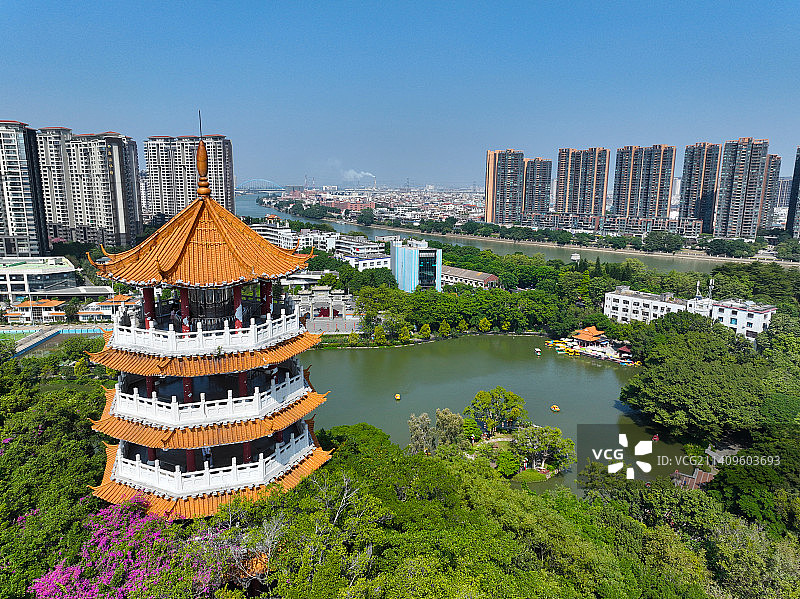 广东省中山市小榄镇龙山公园江滨公园航拍图片素材
