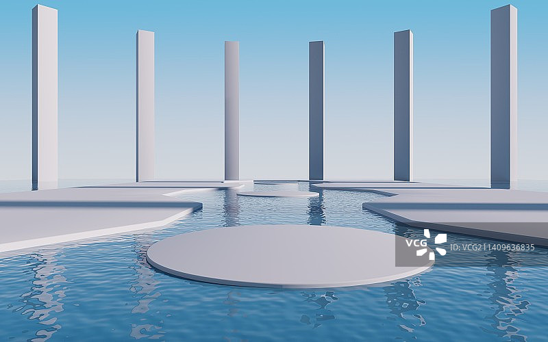 白色几何体建筑和水面空间3D渲染图片素材