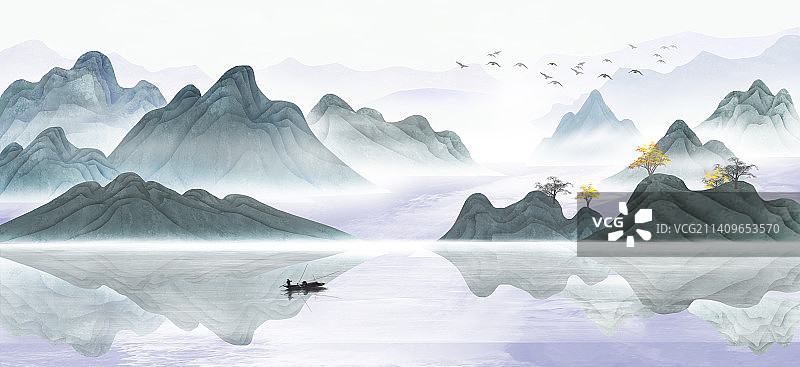 蓝色水墨意境山水画图片素材