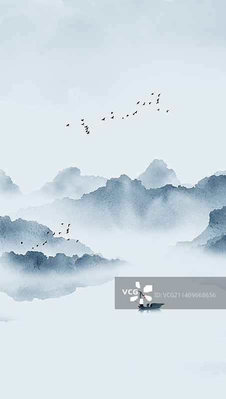 蓝色山水画背景插画图片素材