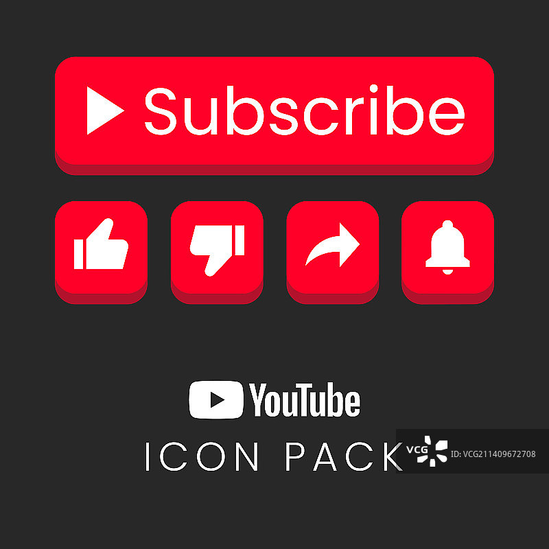 YouTube点赞分享订阅铃铛图标和按钮图片素材