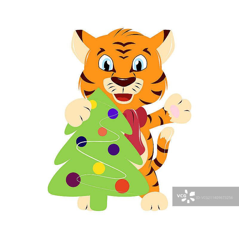 新年小老虎挥舞圣诞树图片素材