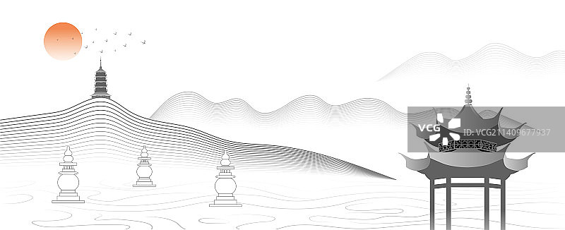 新中式创意国潮杭州西湖山水矢量画图片素材