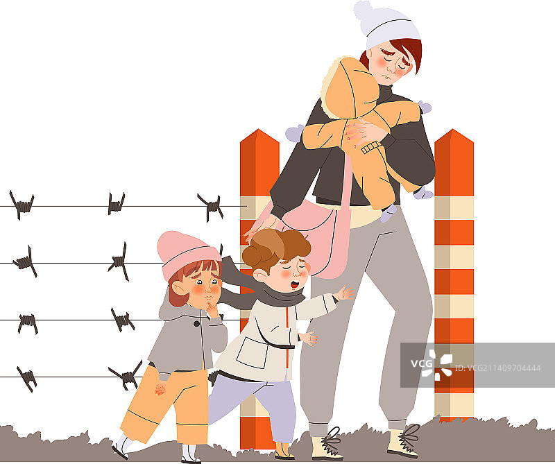 哭泣的幼儿与年轻难民妇女图片素材