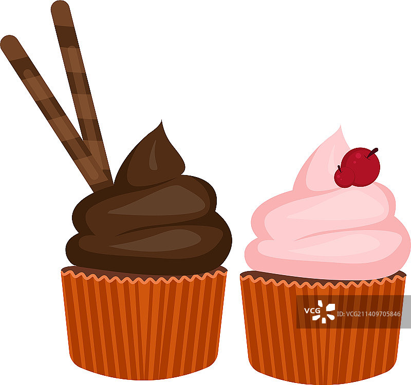两个甜巧克力和樱桃纸杯蛋糕图片素材