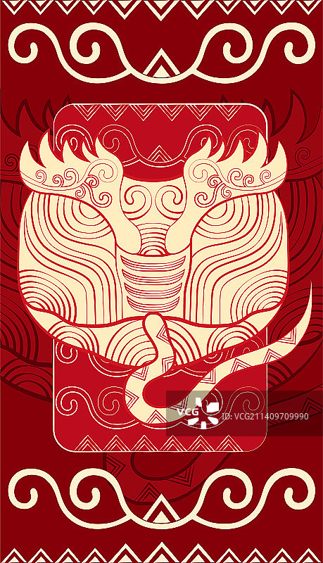 蛇国潮十二生肖卡通形象，传统中国红装饰纹样，红包手机壳海报矢量插画图片素材