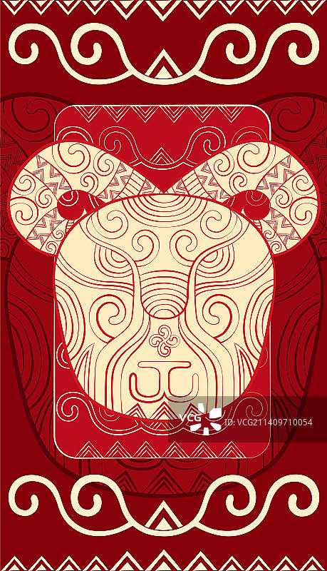 羊国潮十二生肖卡通形象，传统中国红装饰纹样，红包手机壳海报矢量插画图片素材