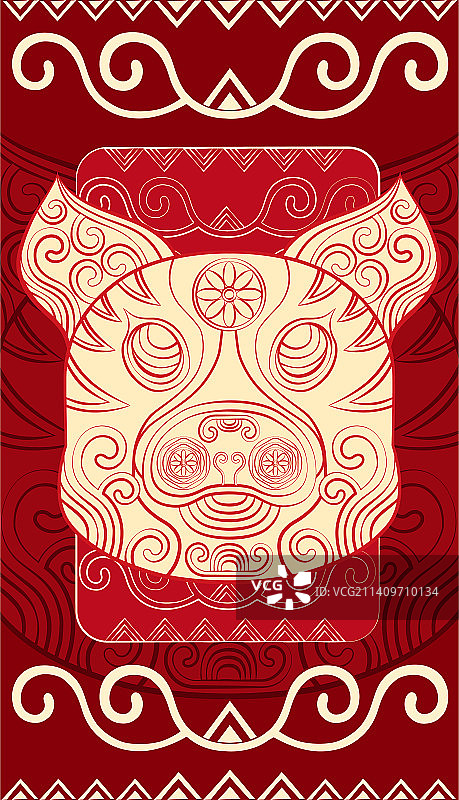 猪国潮十二生肖卡通形象，传统中国红装饰纹样，红包手机壳海报矢量插画图片素材