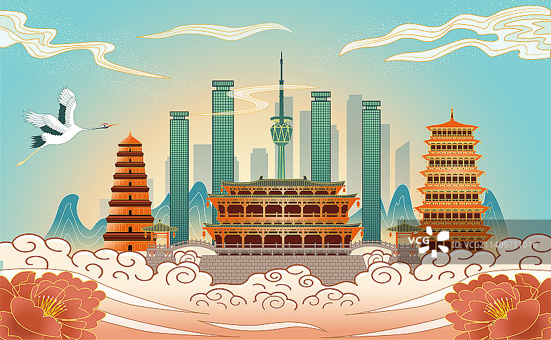 中国陕西省西安市国风线描海报插画图片素材