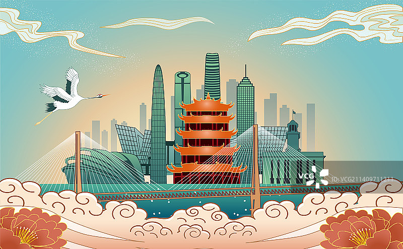 中国湖北省武汉市城市国风海报插画图片素材