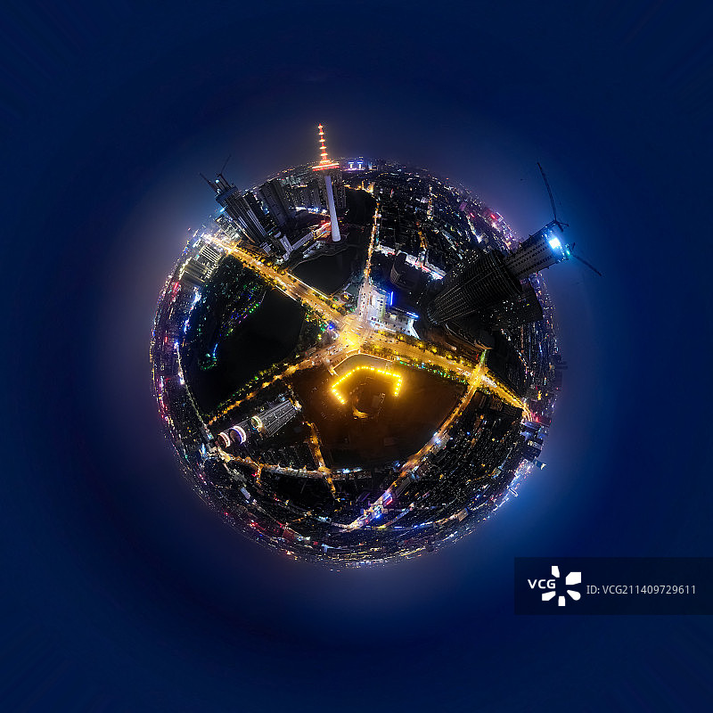 航拍辽宁广播电视塔夜景灯光秀VR视角全景图 辽宁彩电塔 辽宁沈阳地标建筑 球形全景图图片素材