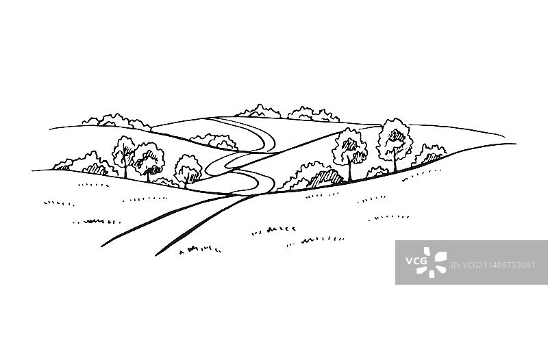 手绘乡村道路和树木图片素材