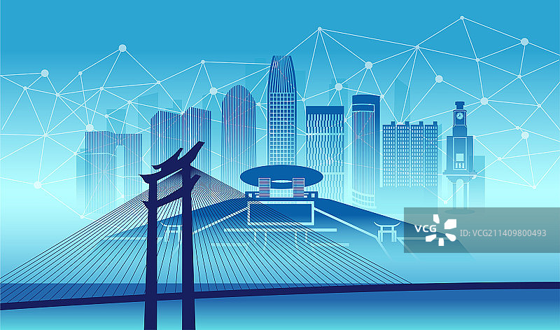 中国福建泉州城市5G数据网络空间插画蓝色图片素材