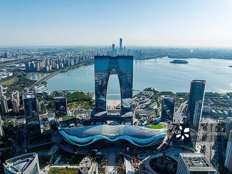 江苏苏州工业园区金鸡湖以西建筑群航拍图片素材