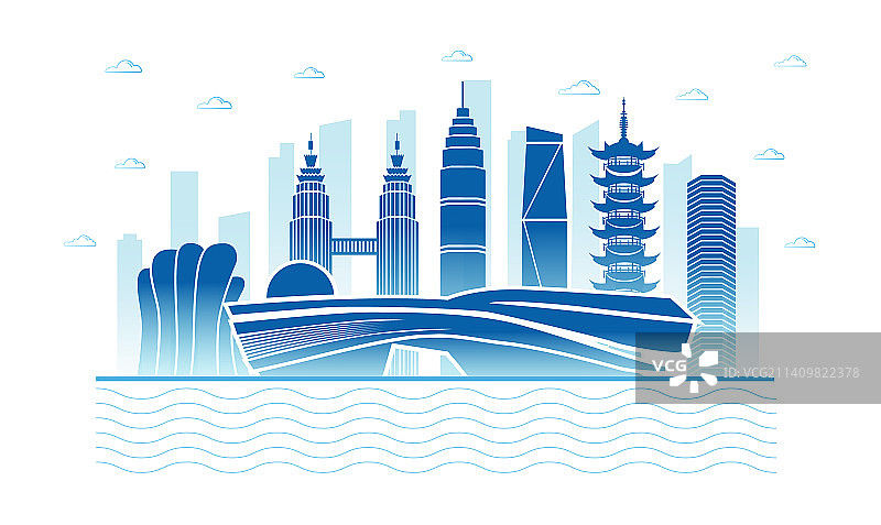 中国浙江省绍兴市城市天际线矢量插画图片素材