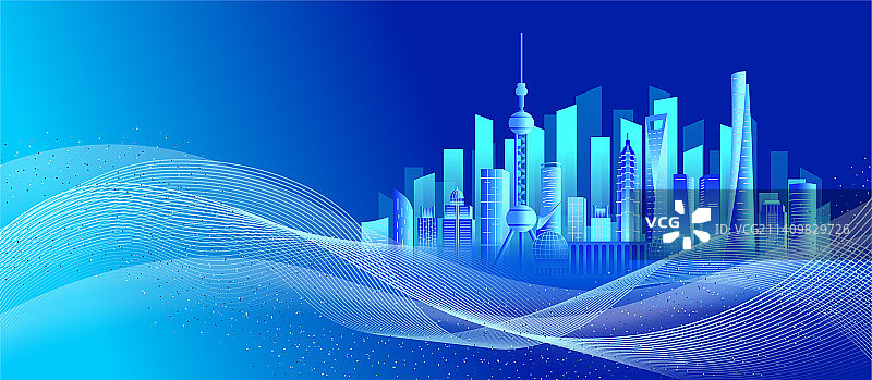 中国上海陆家嘴商务科技城市彩色天际线插画图片素材