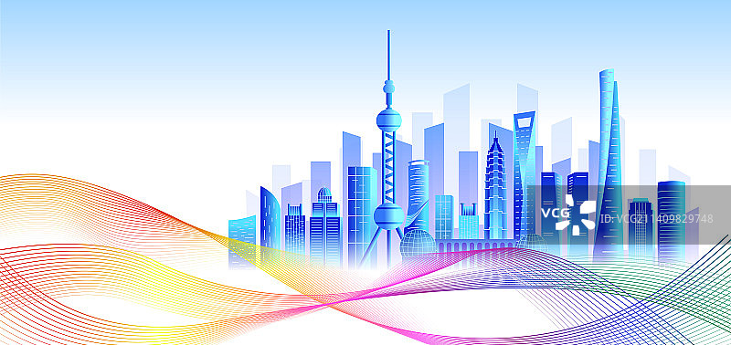 中国上海陆家嘴商务科技城市彩色天际线插画图片素材