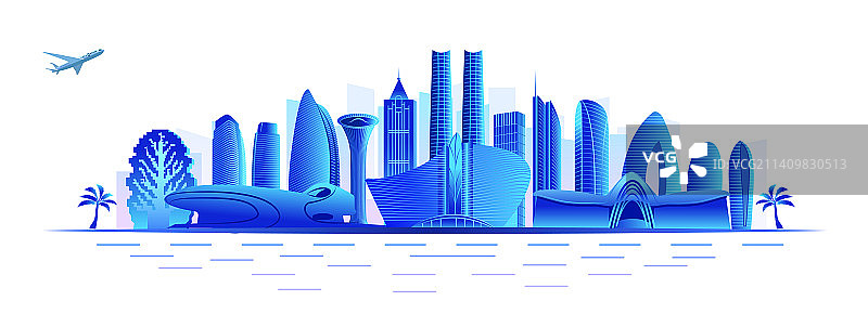 中国海南省自贸区商务城市彩色天际线插画图片素材