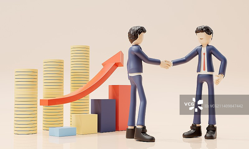在金币上升数据旁握手的商务人物形象图片素材