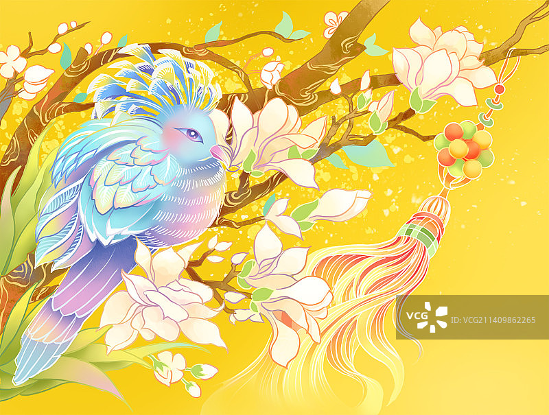 瑞鸟立玉兰花枝头迎春图图片素材