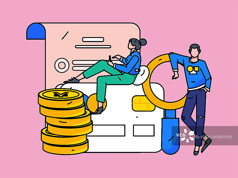 查看信用卡的人物扁平矢量概念运营插画图片素材