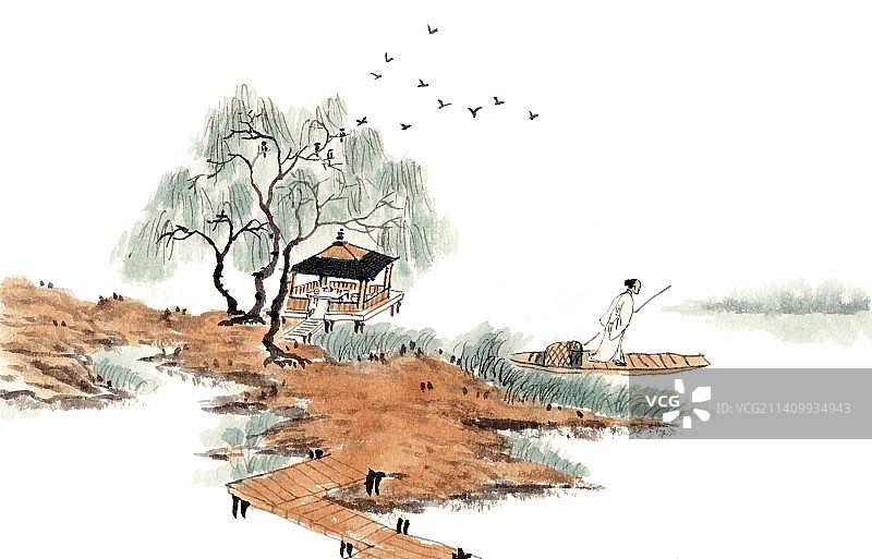 手绘水墨二十四节气插画白露图片素材