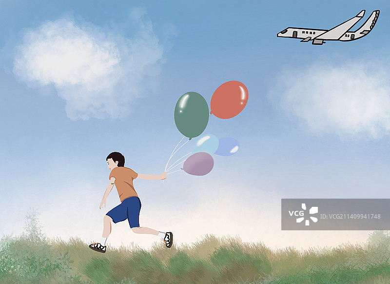 拿着气球奔跑的小男孩图片素材