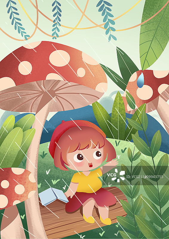 躲雨的蘑菇女孩图片素材