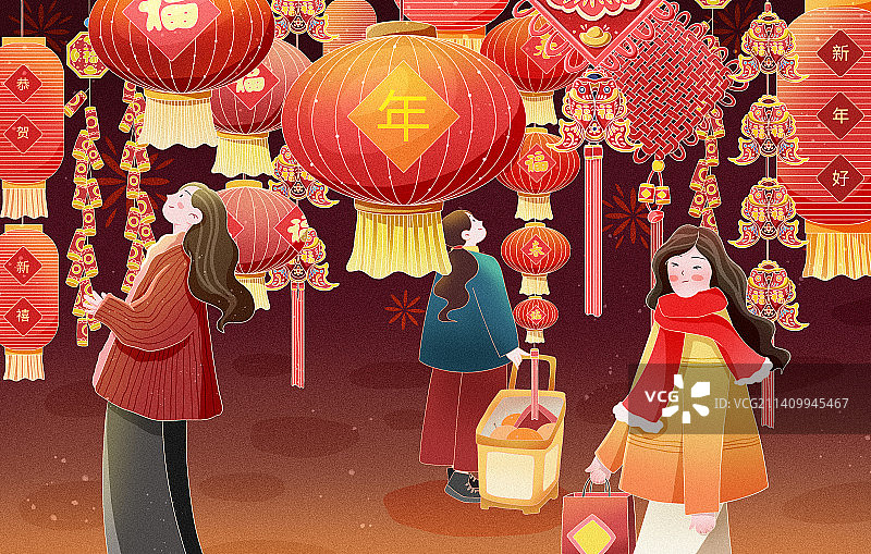 新春喜庆年货集市赶集街景插画图片素材