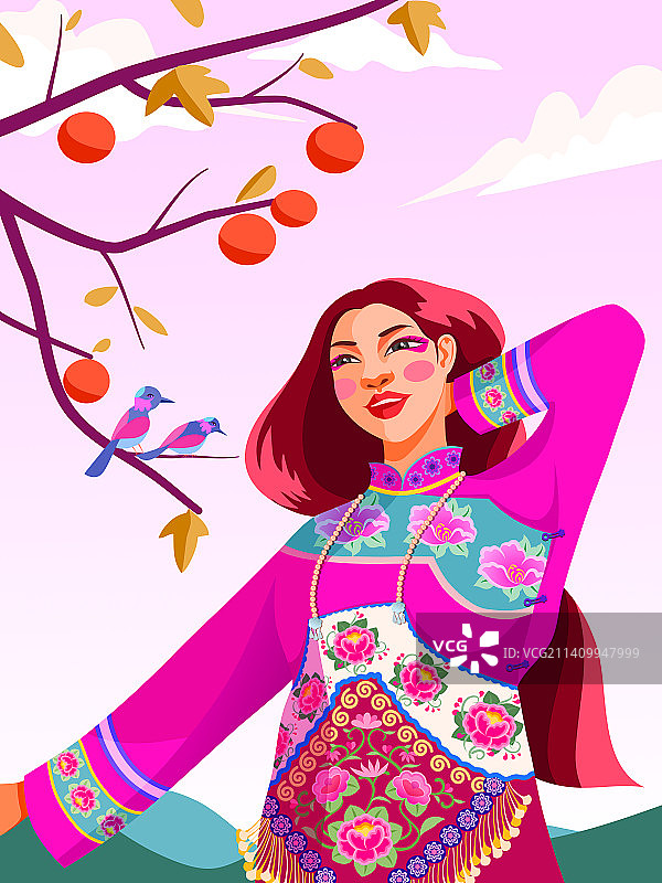 彝族女性人物插画秋风图片素材