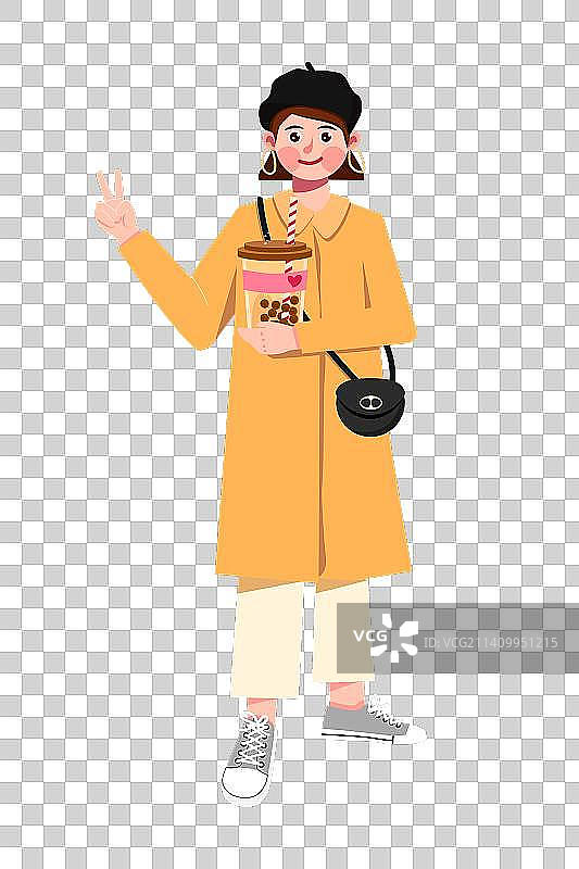 手绘捧着奶茶的时尚女孩图片素材