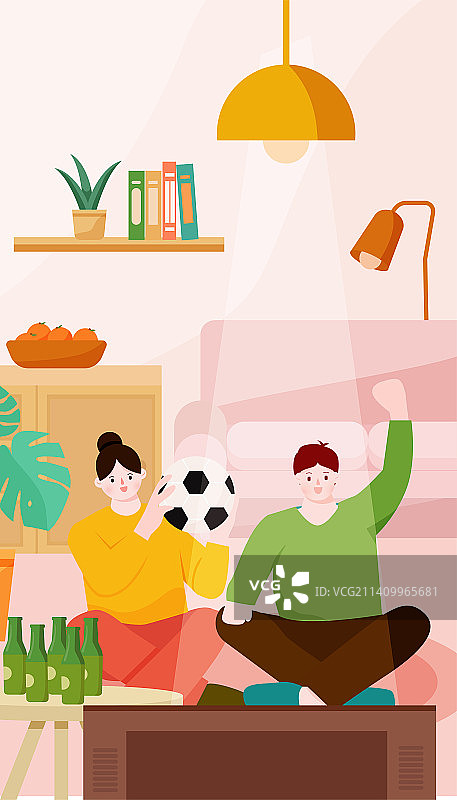 情侣在家看电视球赛扁平插画图片素材