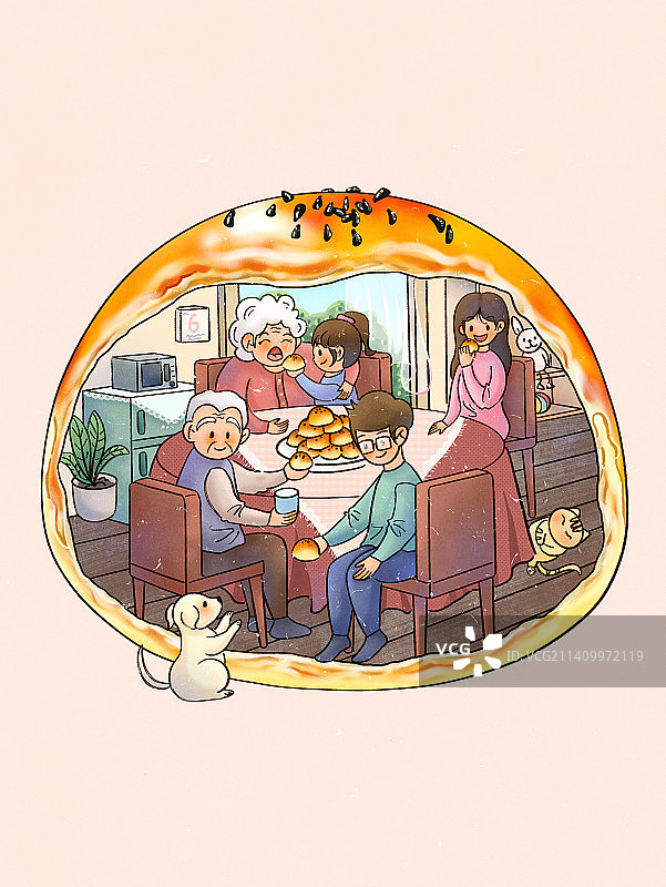 蛋黄酥创意国潮风温馨团聚插画图片素材