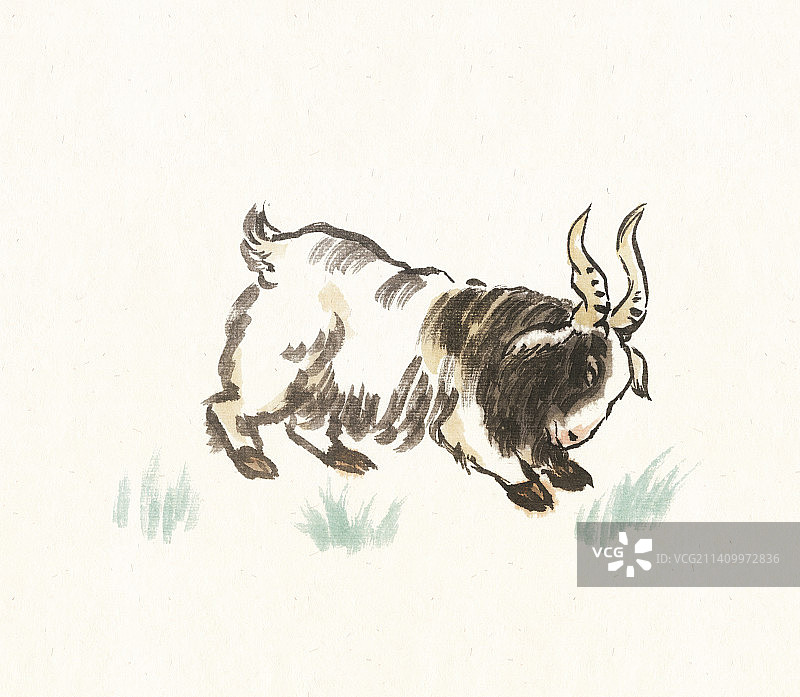 水墨十二生肖之草地上顶头的山羊图片素材