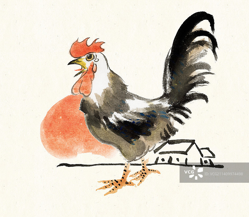 水墨十二生肖之公鸡早晨打鸣图片素材