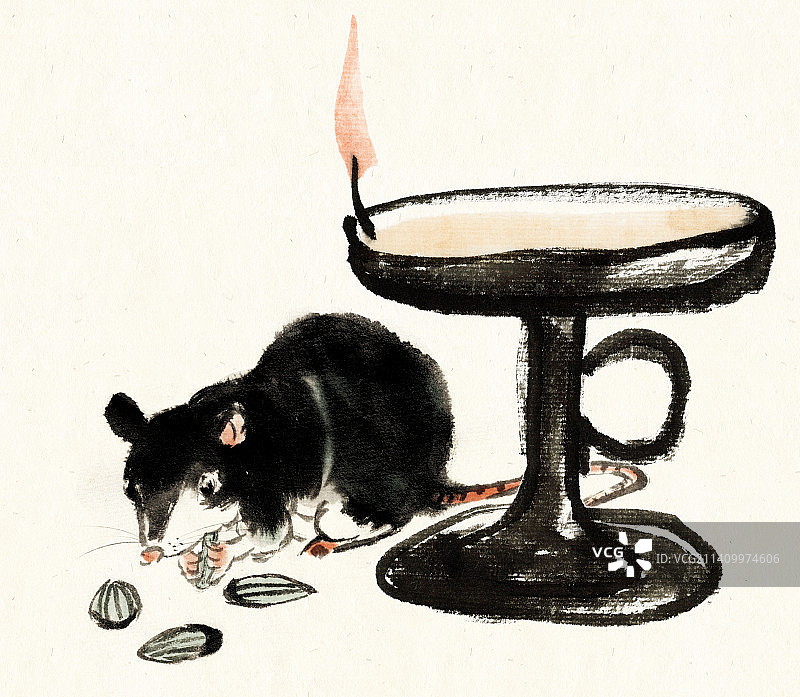 水墨十二生肖之油灯下偷吃瓜子的老鼠图片素材